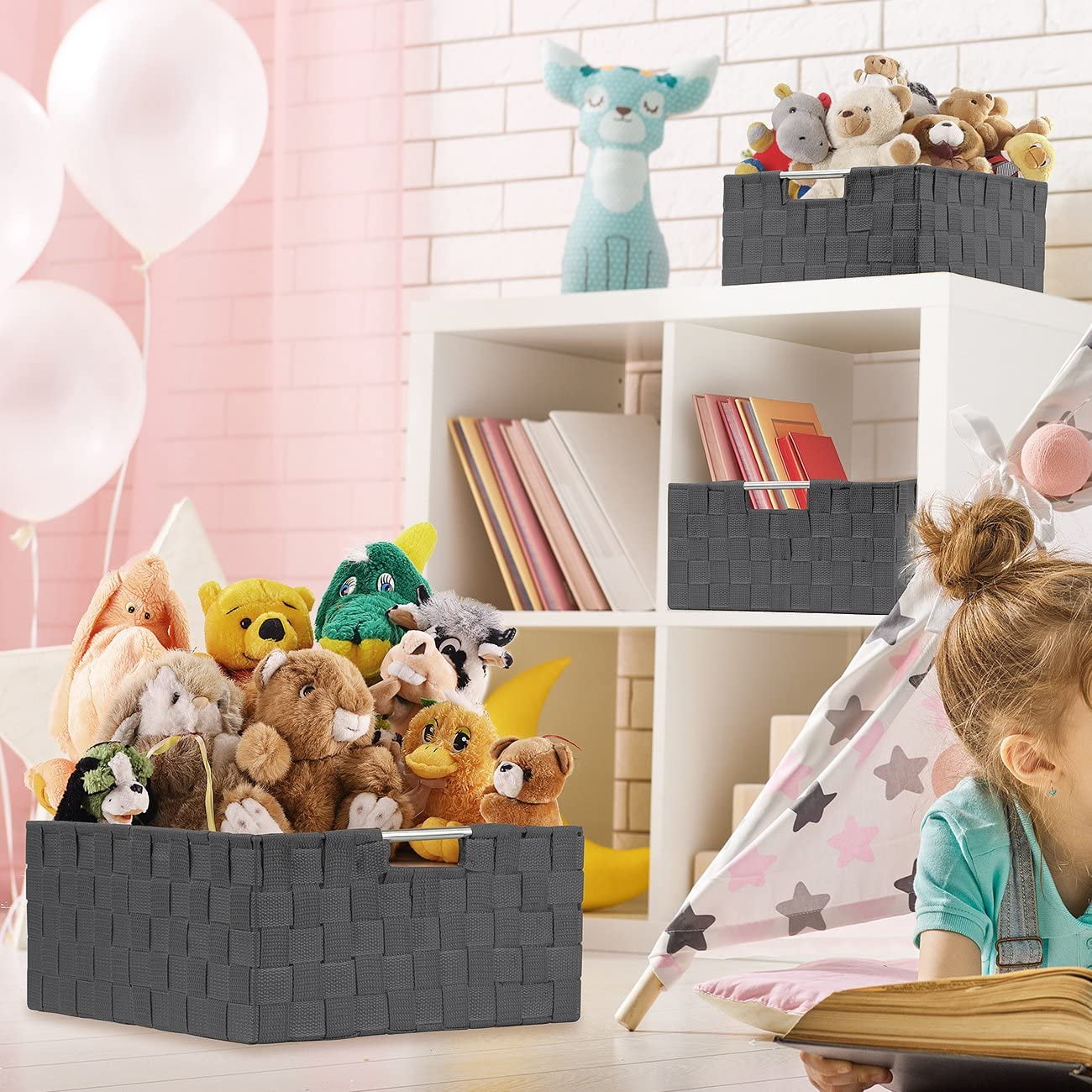 Sorbus Storage Box Woven Basket Bin Container Tote Cube Organizer Set Stackable Storage Basket Woven Strap Shelf Organizer Built-In Carry Handles (Woven Basket Set - 3 Piece, Gray)