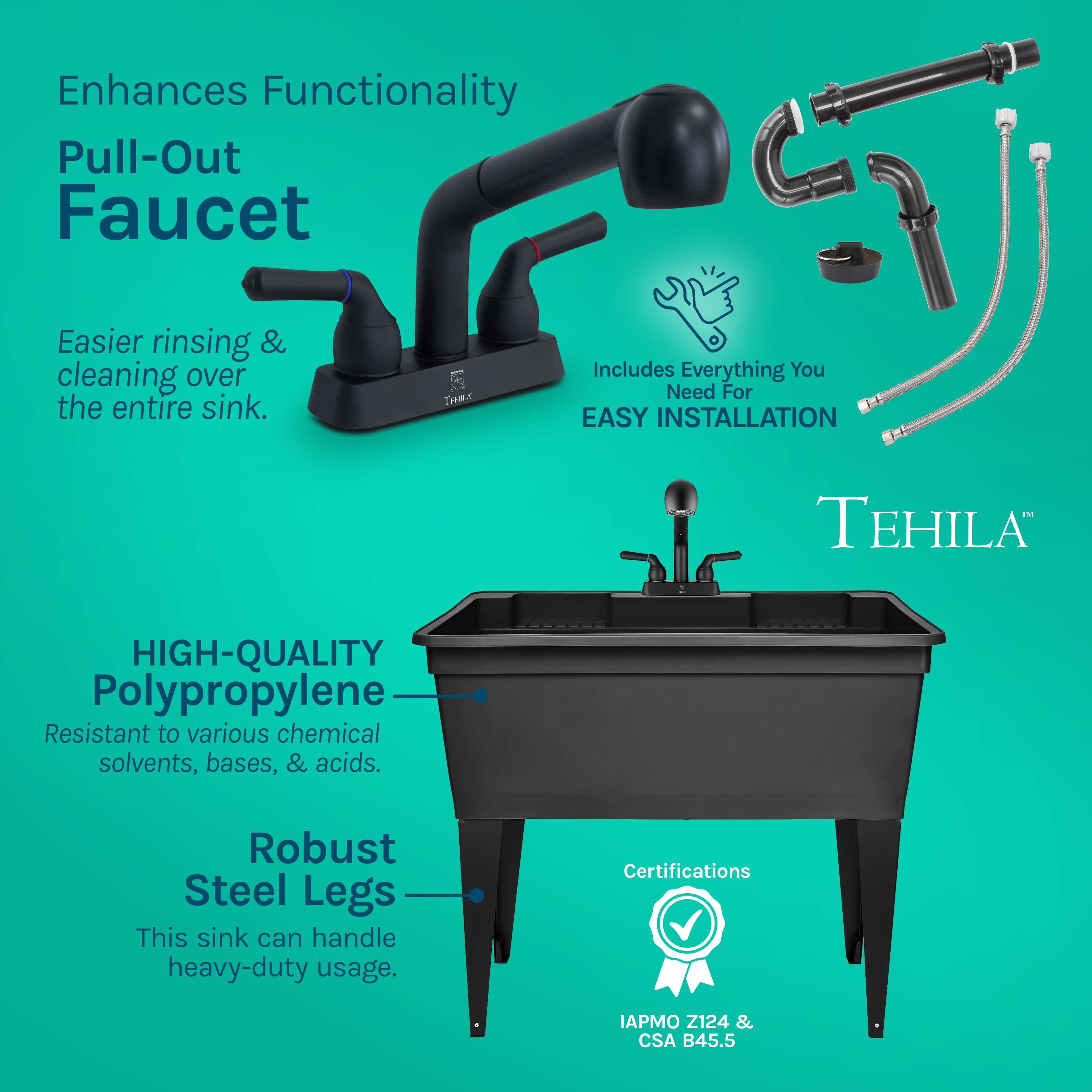 Tehila 37 Gallon Freestanding Black Double Wide Utility Sink with Steel Legs and Black Pull-Out Faucet