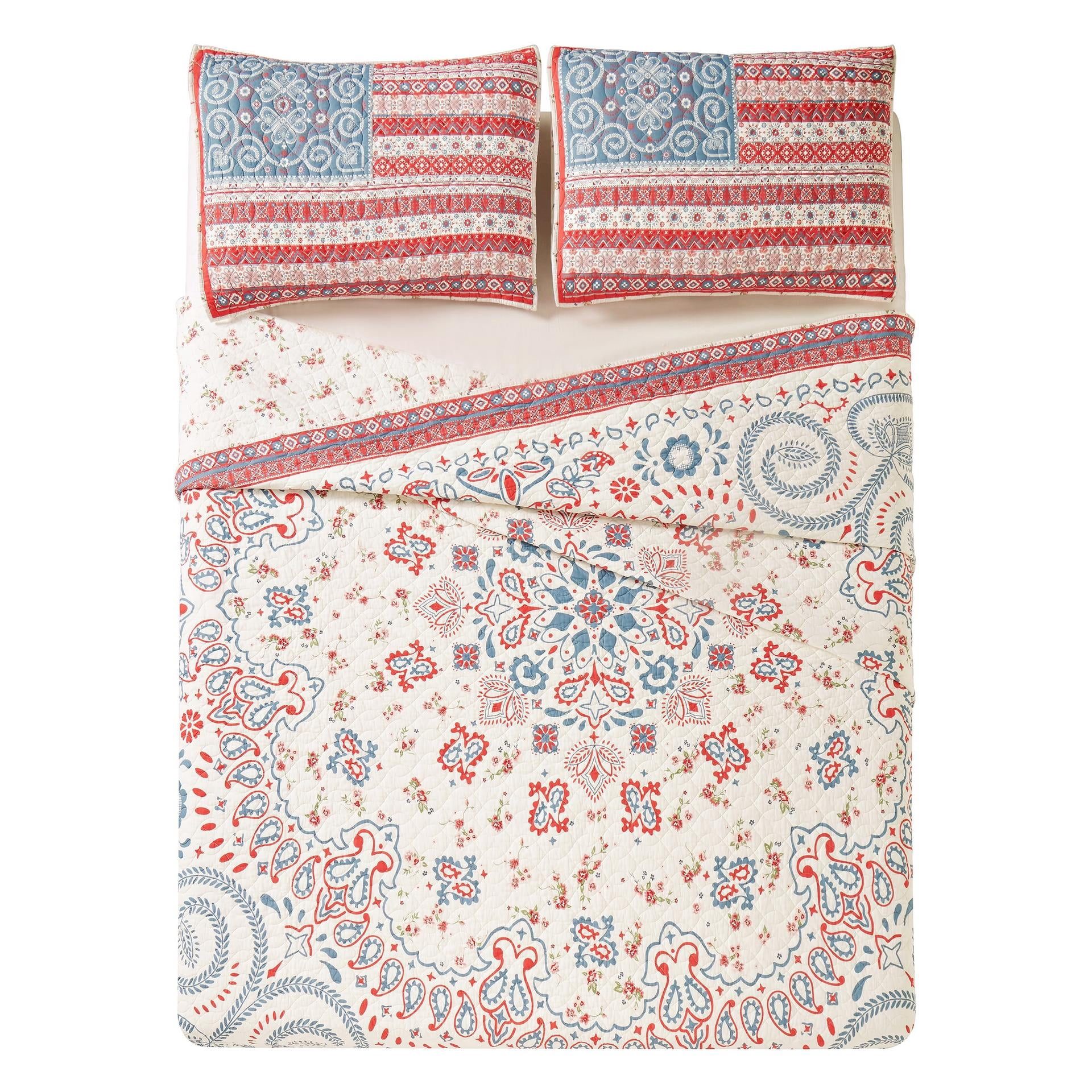 Boho Americana 3-Piece Cotton Reversible Quilt Set - King, All Ages
