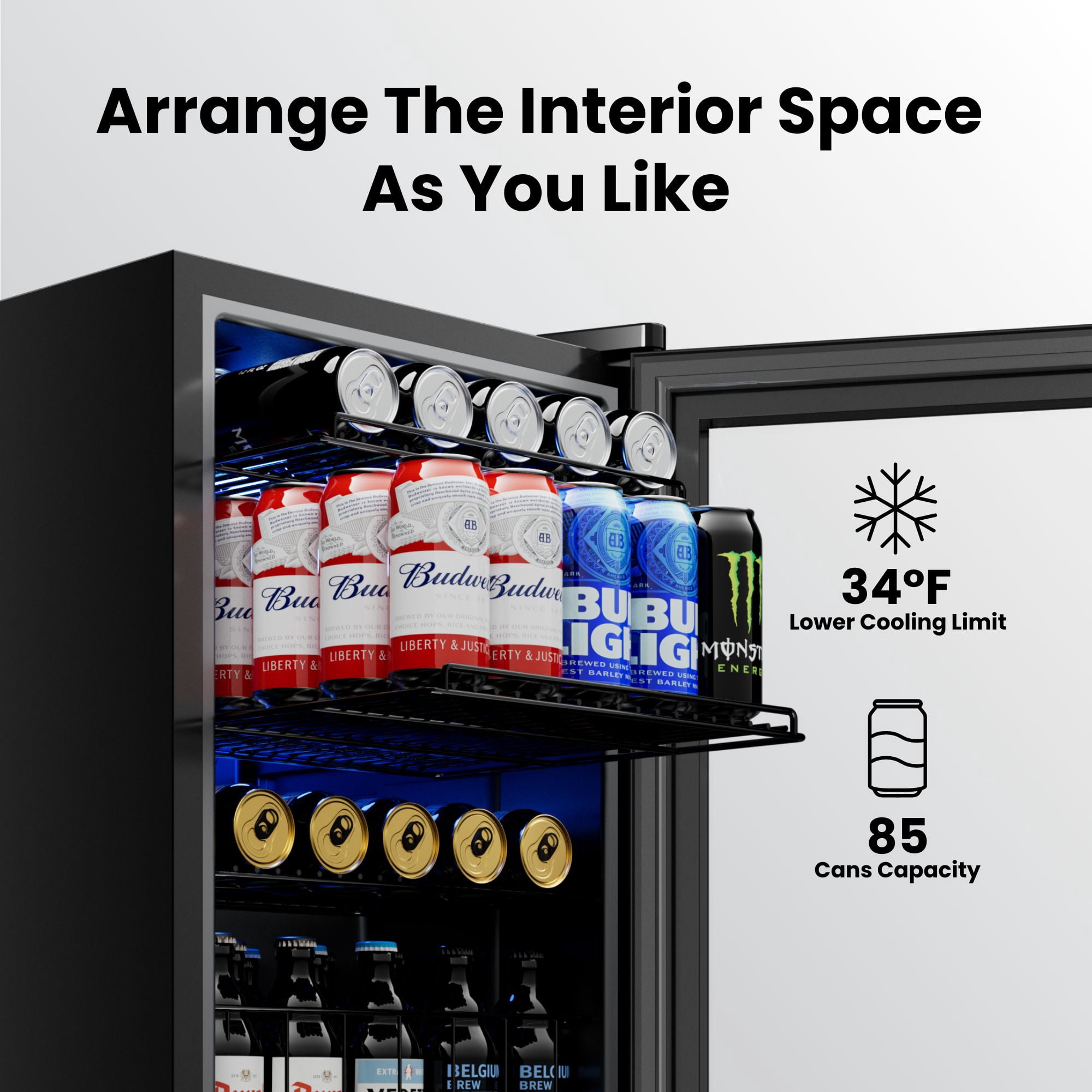 Yeego 85 Cans Beverage Refrigerator, Glass Door Beverage Cooler for Home Dorm Office Bar, Black