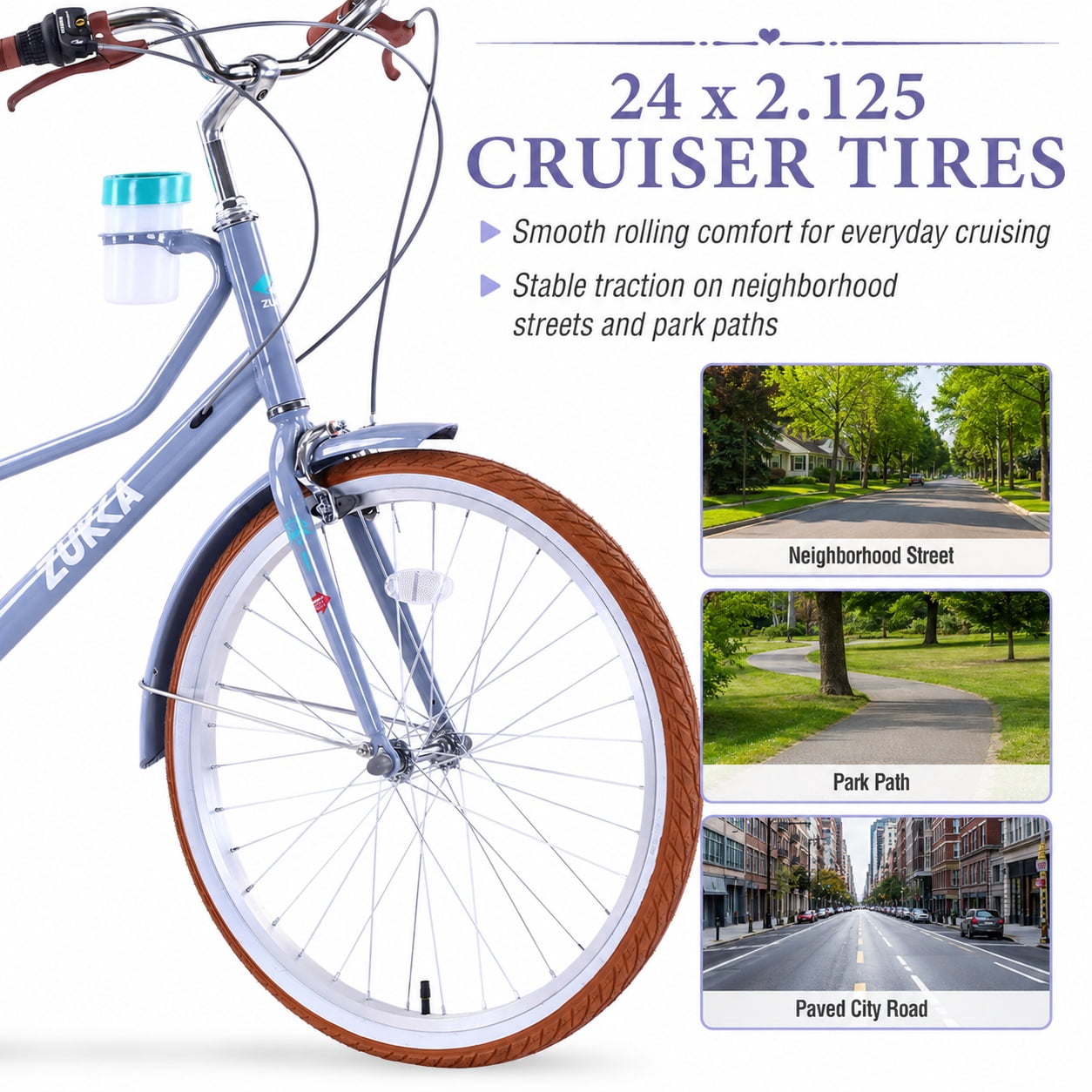 Aukfa 24 Inch Women's Cruiser Bike, 6-Speed Step-Through Commuter Bicycle with Cup Holder & Rear Rack,Blue