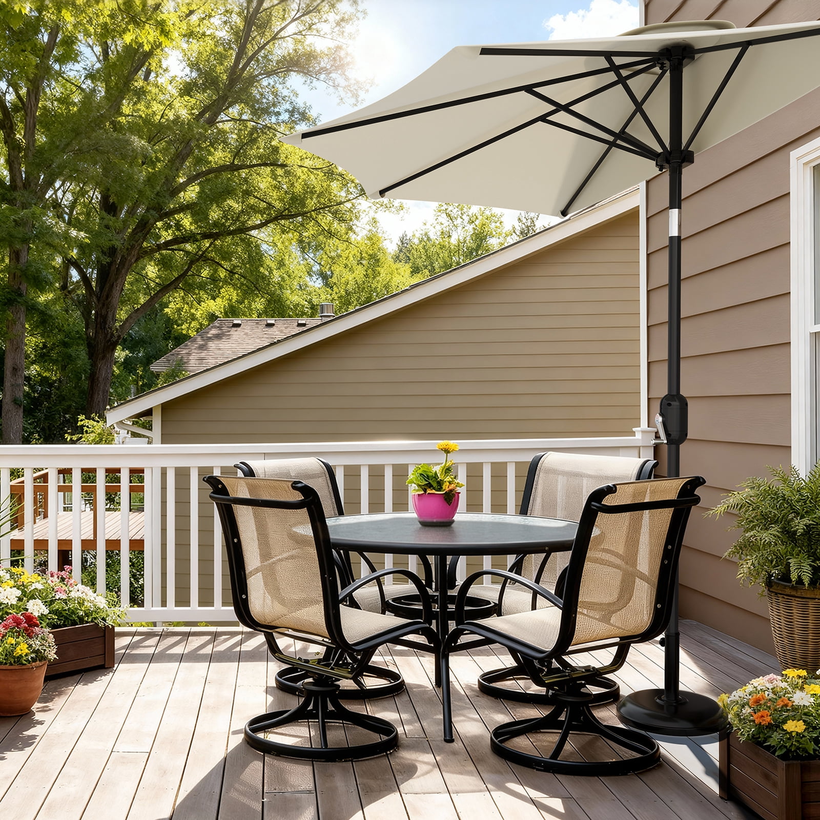 GOGRANT 9ft Beige Half-Round Market Patio Umbrella, with Crank, UV Protection