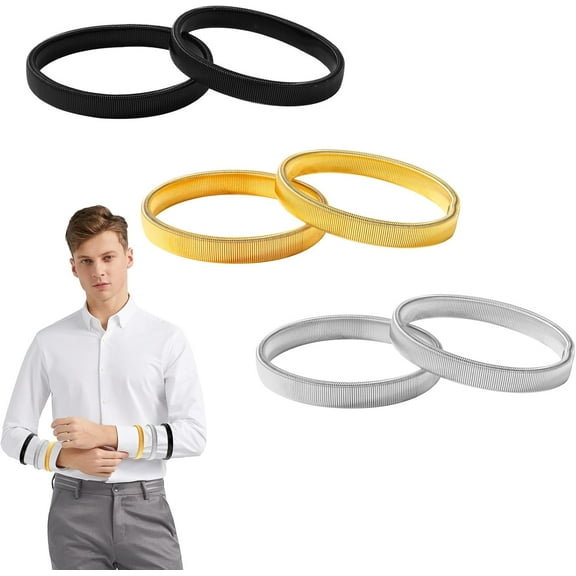 6pcs Sleeve Garters, Anti-Slip Shirt Sleeve Holder Stretchy Metal Arm Band Unisex Arm Strap to Hold up Sleeves Armbands for Women Men (Black, Gold, Silver)