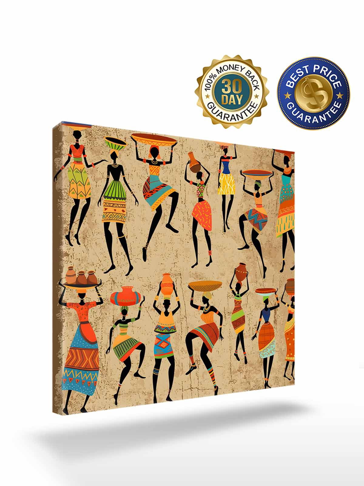 Black African Women Canvas Wall Art, Vintage Abstract Ethnic Style Bohemian Linen Texture Framed Wall Decor Modern Artwork Prints Painting for Living Room, Bedroom, Kitchen & Cafe Decor 16x16 Inch