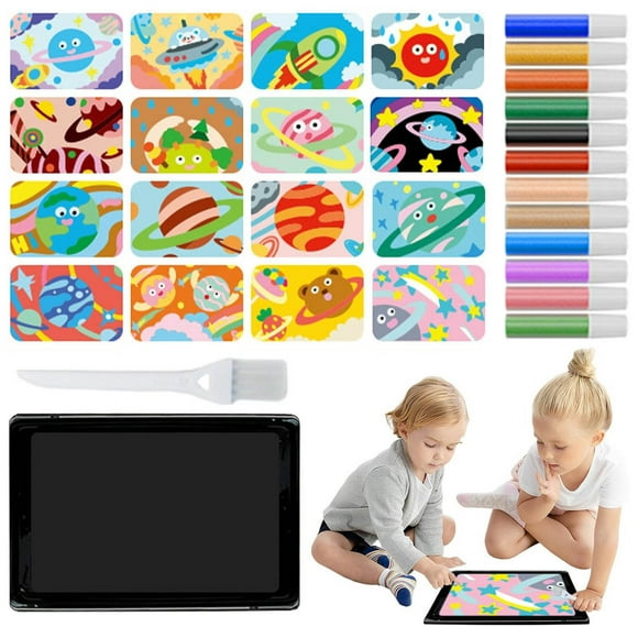 Matoen Kids Sand Art Kits 1Tray 1Brush 12 Colors Of Sand 16 Peel Sprinkle Pictures Art Peel and Stick Sand Art Sand Painting for Kids Colored Sand Painting Kits