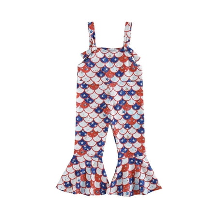 

Bagilaanoe 4th of July Jumpsuit for Toddler Baby Girl Sleeveless Print Romper Overalls 6M 12M 18M 24M 3T 4T Kids Long Flared Pants Independence Day Outfits
