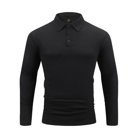 VSSSJ Men's Button Up Shirts Long Sleeve Casual Lapel Neck Shirt Quarter Button Comfy Slim Fit Golf Waffle Textured Shirt Tops Black S