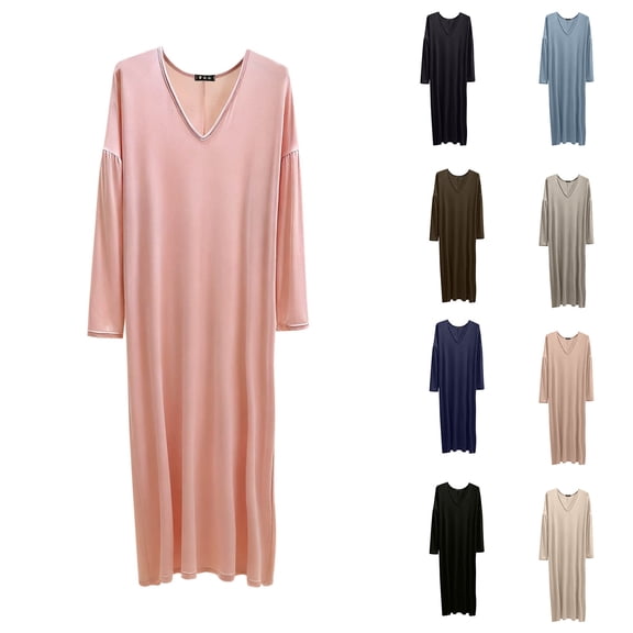 QSXADF Women's Nightgowns Sleep Shirts Sleepwear Dress Nightdress Solid V-Neck Long-Sleeve Long Nightgown For Home Women Summer Pajamas Soft Loungewear