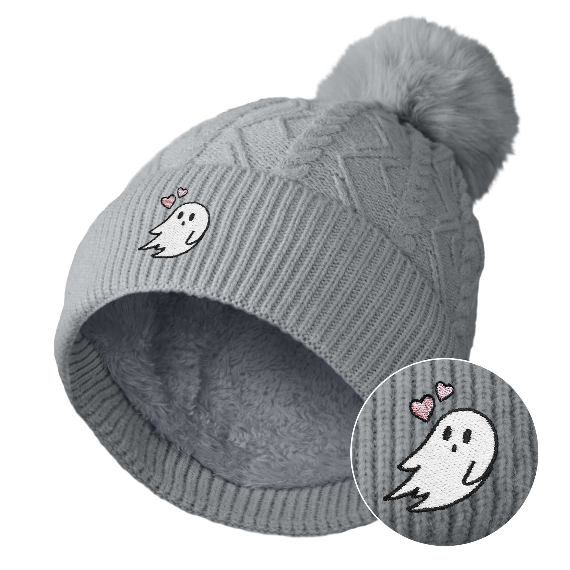 Dalix Heartly Ghost Cable Knit Pom Beanie Soft Stretch Skully Warm Fuzzy Faux Sherpa Winter Ski Beanie in Gray