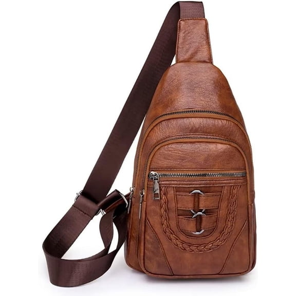 Leather Sling Backpack Chest Crossbody Shoulder Bag Travel Daypack for Men and Women Brown Big
