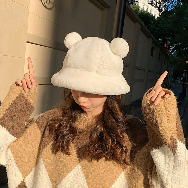 Cute Bear Ears Bucket Hat Outdoor Winter Warm Fuzzy Plush Cloche