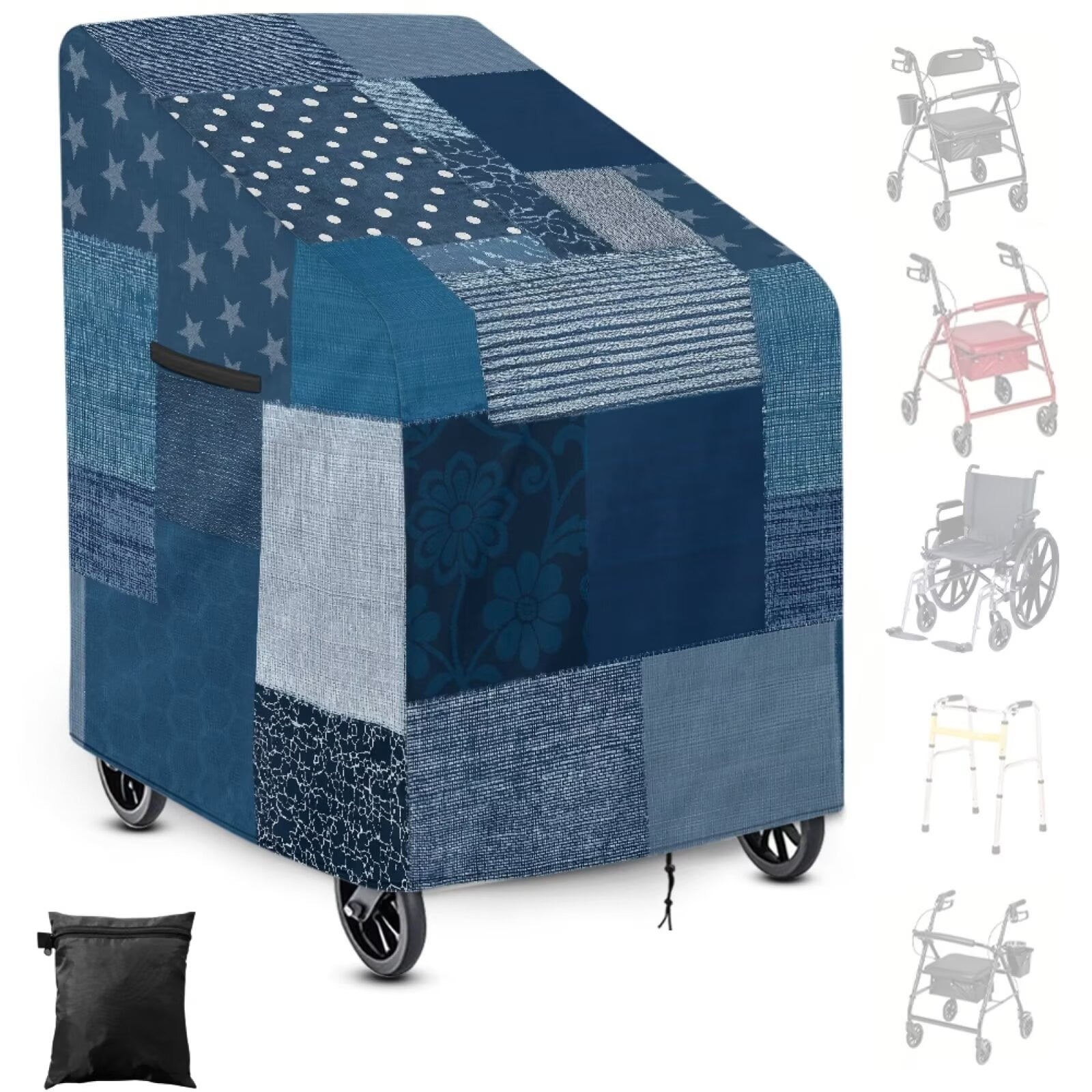 ZIATUBLES Rainproof Rollator Walker Cover, Windproof Secure Fit Protector for Mobility Aid, Blue Denim Patchwork Print Cover for Walker with Wheels and Seat, Ideal for Home and Outdoor Use