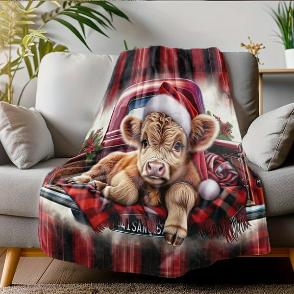 Highland Cow Print Christmas Blanket, Reversible Red & Black Plaid Scottish Cow Design, Flannel-Soft Throw with Santa Hat Calf, All-Season Cozy Bedspread for Couch Bed Farmhouse Decor, Ideal Gift for