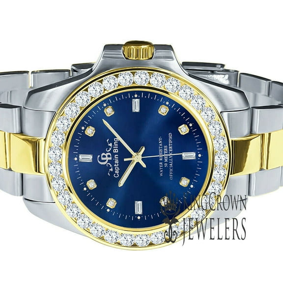 2 Tone Mens Solid Stainless Steel Blue Dial Simulated Diamonds 18K Gold Finish Watch 42mm