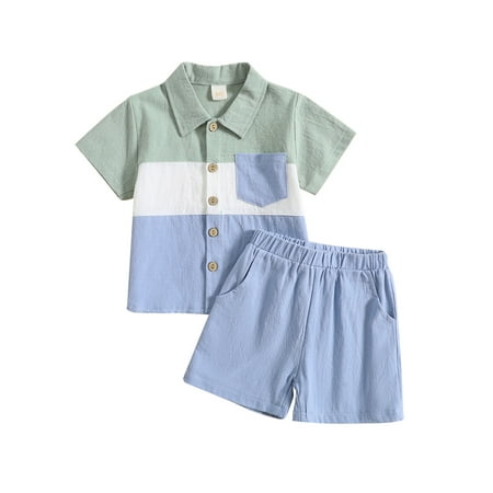 

Wassery Infant Baby Boys Shirts Set 6M 12M 18M 24M 2T 3T 4T Toddle Boys Summer Clothes Contrast Color Button up Short Sleeve Shirt and Elastic Shorts Gentleman Outfits