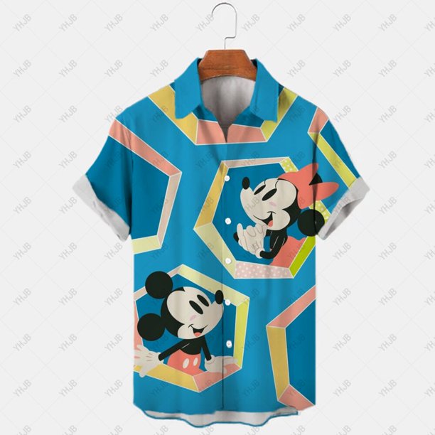 Disney Short Sleeve Shirt Men's Summer Mickey Mouse Loose Loose Casual Hawaiian Holiday Beach Shirt T Shirt Top Button Shirt5XL Gao Jinjia LED
