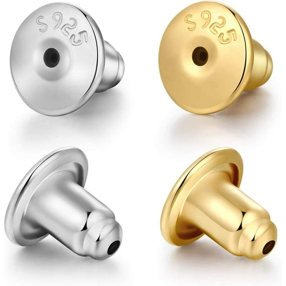 14K Gold Bullet Locking Earring Backs for Diamond Studs,925 Sterling Silver Hypoallergenic Replacements Backings for Pierced Earrings, Silver Gold 2 Pairs 6mm