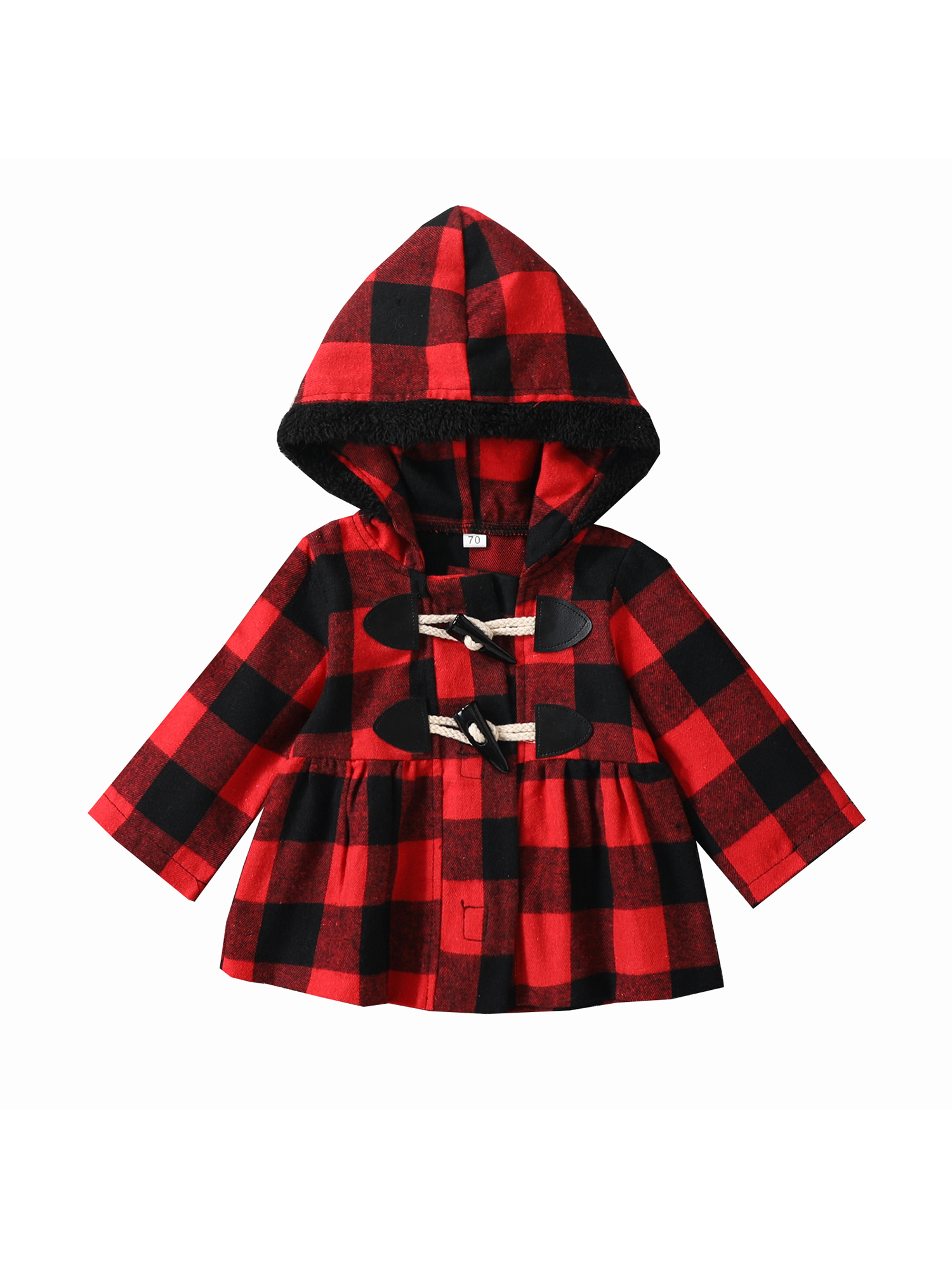 Gwiyeopda Toddler Baby Girls Hooded Coat Plaid Print Long Sleeves Horn Button Closure Autumn Winter A-Line Jacket - image 1 of 6