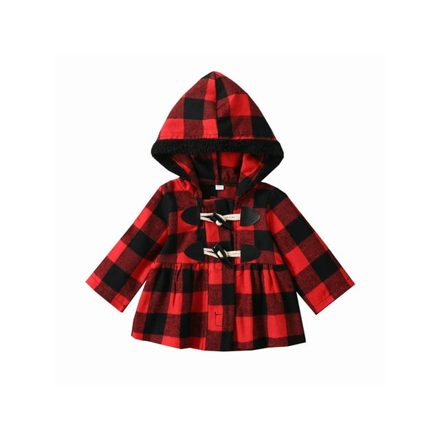 Gwiyeopda Toddler Baby Girls Hooded Coat Plaid Print Long Sleeves Horn Button Closure Autumn Winter A-Line Jacket
