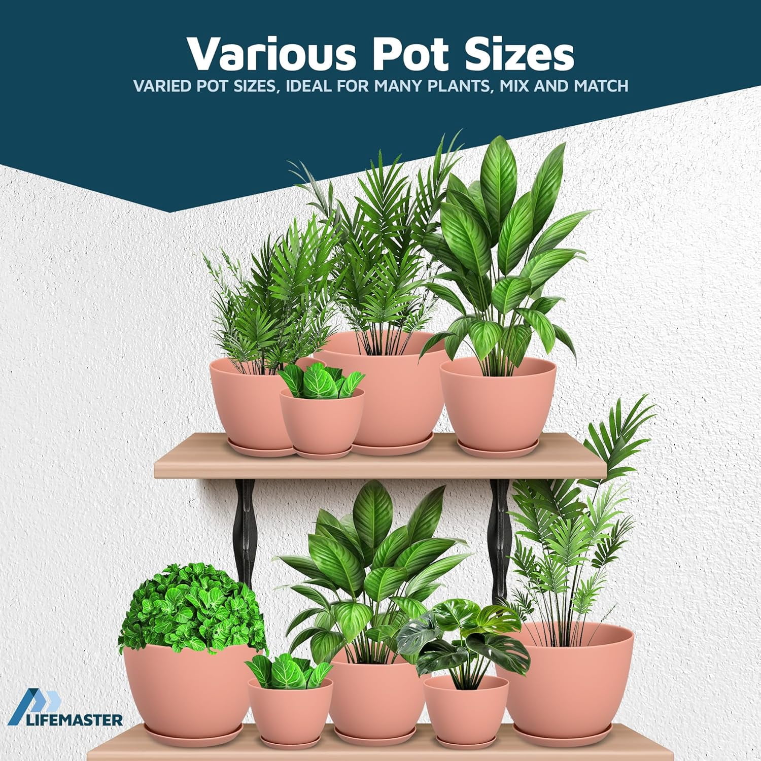 Pink Plant Pots with Drainage Holes & Saucers 15 Packs, Indoor & Outdoor Stackable Plastic Planters in Multiple Sizes for Houseplants & Flowers, Durable & Weatherproof Materials, Matte Finish
