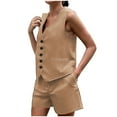 thumbnail image 3 of Dazajoo Womens Summer Linen Blazer Sets 2 Piece V Neck Sleeveless Button Down Waistcoat Shorts Matching Sets with Pockets,Khaki,S, 3 of 5