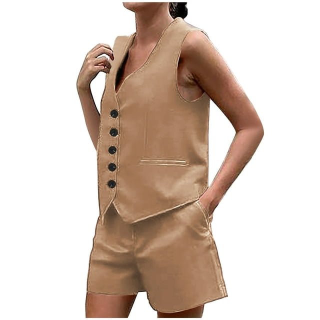 Yuyuzo Ensembles de Shorts pour Femmes 2 Pcs Tenues d'Été Sans Manches Col en V Gilet Boutonné Shorts Ensembles Assortis