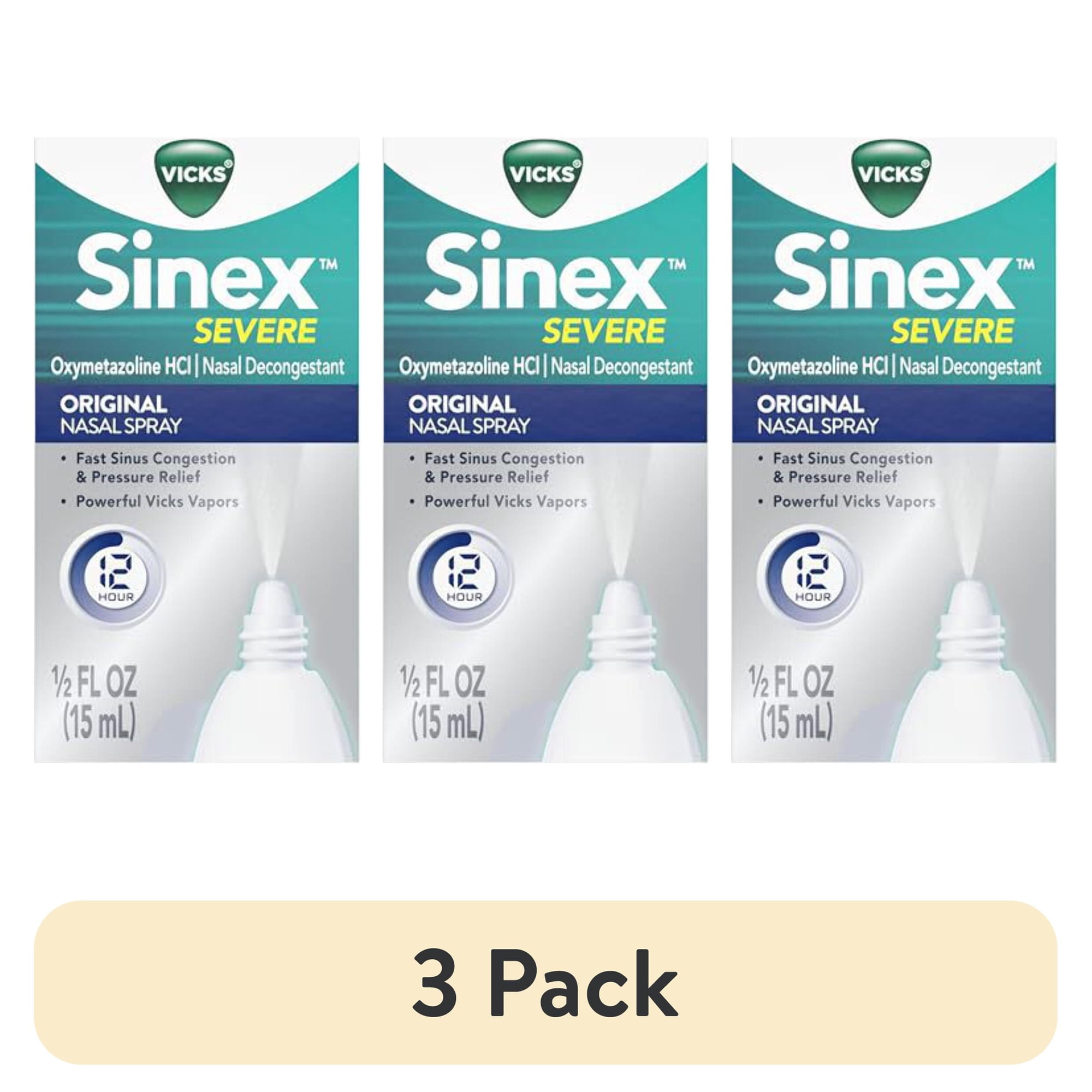(3 pack) Vicks Sinex Severe Original Nasal Spray, Decongestant Medicine, Relief from Stuffy Nose due to Cold or Allergy, & Nasal Congestion, Sinus Pressure Relief, 0.5 fl oz