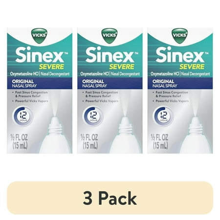 (3 pack) Vicks Sinex Severe Original Nasal Spray, Decongestant Medicine, Relief from Stuffy Nose due to Cold or Allergy, & Nasal Congestion, Sinus Pressure Relief, 0.5 fl oz