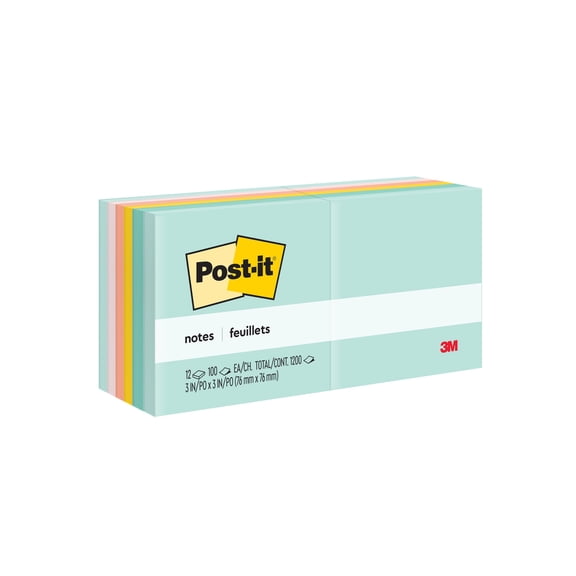 Post-it Notes, Beachside Café Collection, 3 in x 3 in, 12 Pads