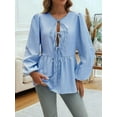 thumbnail image 3 of Women'S Tie Front Babydoll Blouse Tops Long Sleeve Stripe Peplum Ruffle Lace Up Shirts Light Blue XL, 3 of 5