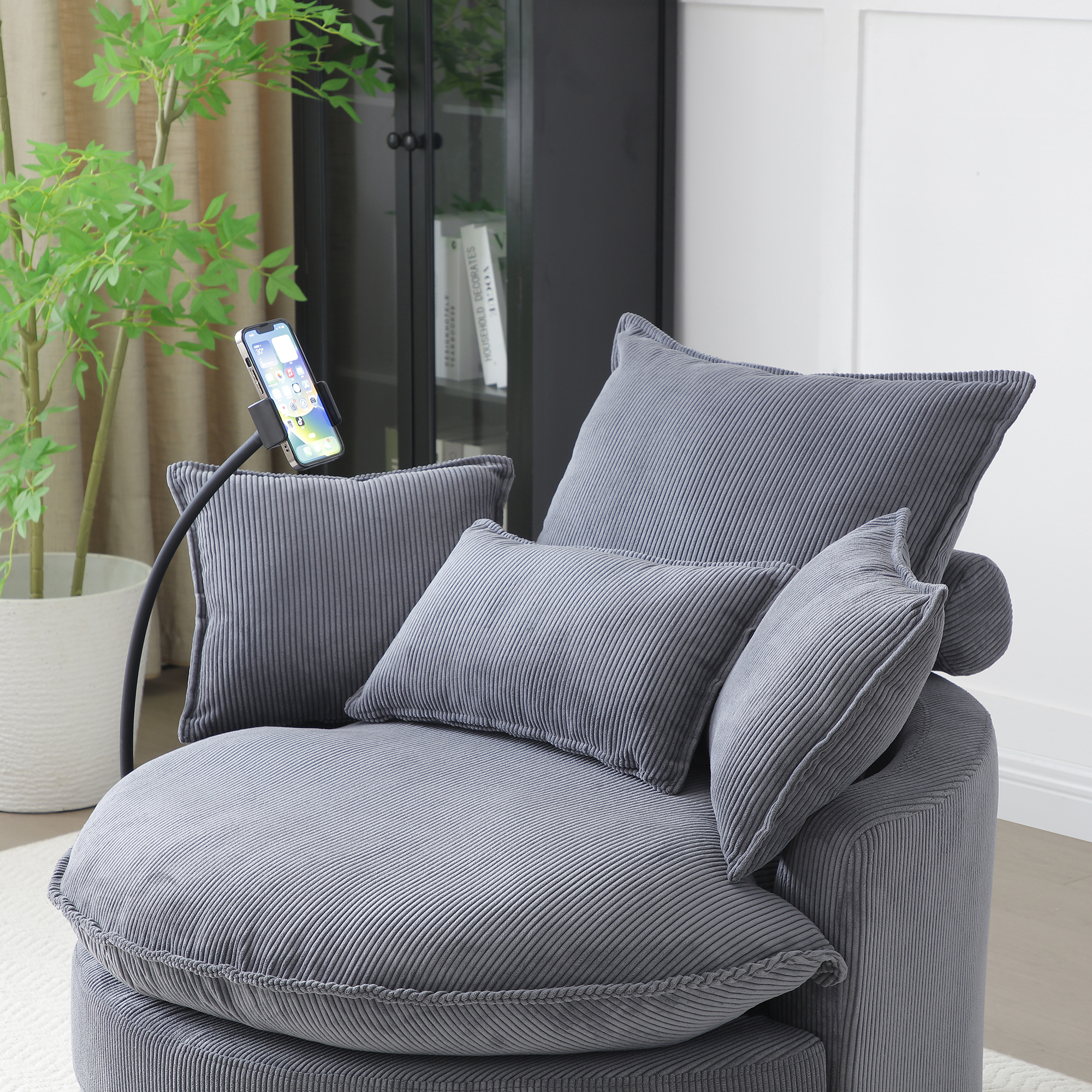 Aukfa Swivel Accent Chair 36" Oversized Barrel Chair with Storage Ottoman & Phone Holder for Living Room, 4 Pillows, Gray