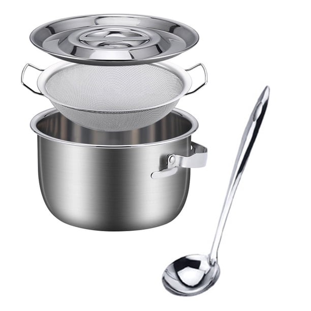 Recipiente para grasa de tocino con colador, de acero inoxidable, con tapa y asa, para almacenar aceite a altas temperaturas. Recipiente para grasa de cocina.