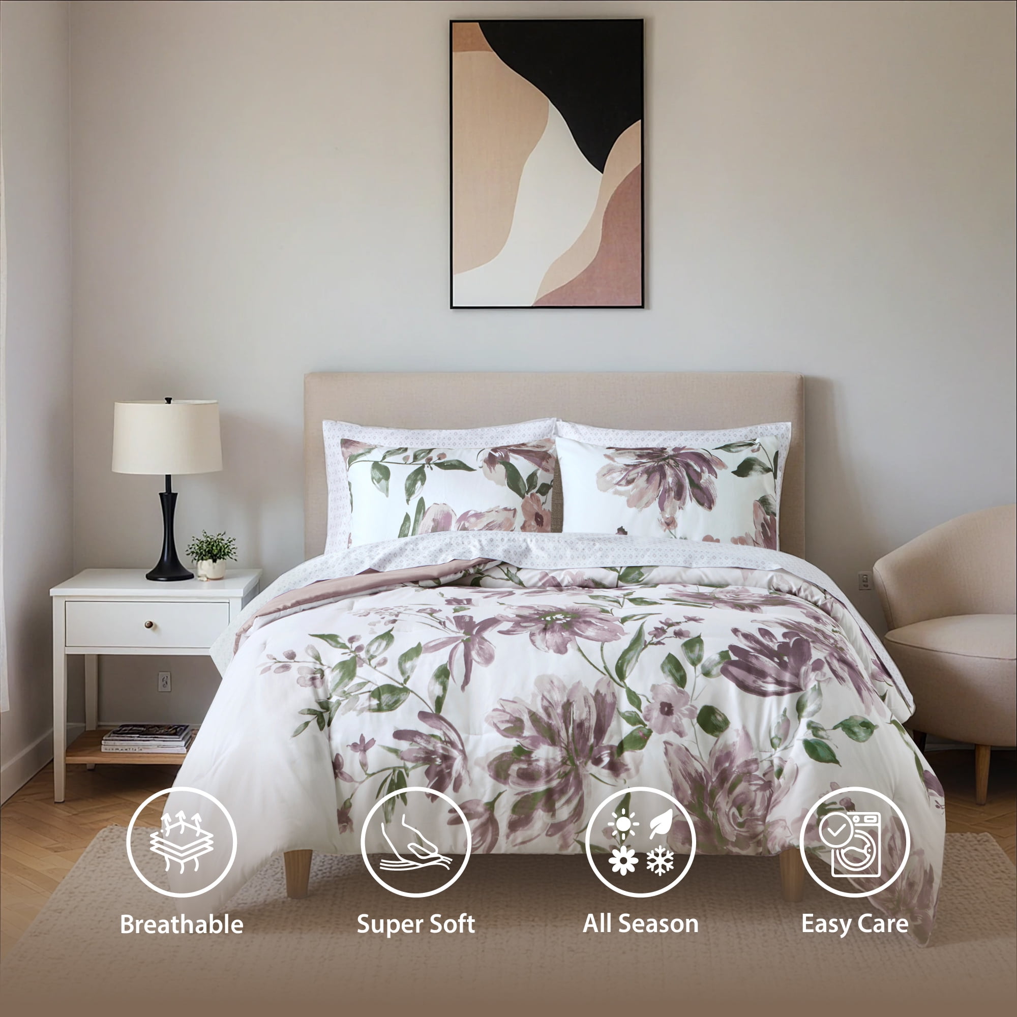 Madison Park Essentials 7 Piece King Floral Comforter Set, Soft Brushed Bed in A Bag with Bed Sheets, Spring Lavender Comforter Bed Set, Bedding Sets with Flat Sheet and Fitted Sheet for Girls