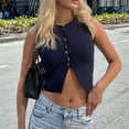 thumbnail image 6 of Womens Sleeveless Cropped Sweater Vest Summer Trendy Knit Crop Tank Tops Crewneck Button Y2K Going Out Top Navy Blue S, 6 of 8
