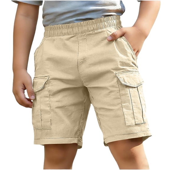 Cethrio Boys Cargo Shorts, Summer Casual Cotton Linen Relaxed Fit Knee Length Shorts Khaki Size 10-12