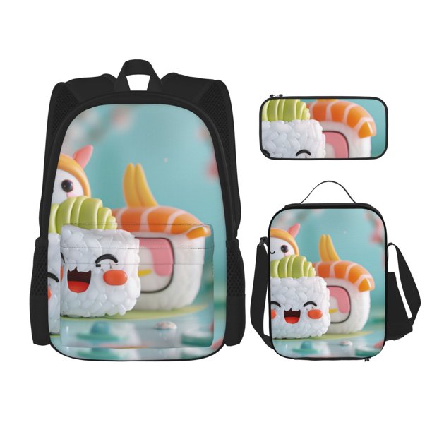 Disketp Kawaii Sushi Characters Delight Mochila Estampada de Gran Capacidad con Lonchera y Estuche, Set de 3 Piezas para Estudiantes