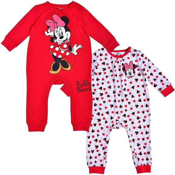 Disney Girl's 2 Pack Minnie Mouse Footed Coverall Bodysuit Onesie Set, Long Sleeve Bodysuit, Size 9M Red