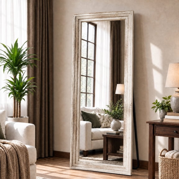 BEAUTYPEAK 64"x21" Full Length Mirror with Stand Solid Wooden Framed Floor Mirror Wall Mounted,Retro White