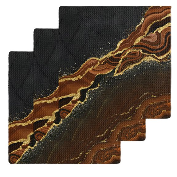 Brown Marble Kitchen Dish Towels for Drying Dishes Set of 3, Gold Abstract Vintage Modern Ombre Art Waffle Weave Microfiber Hand Tea Bathroom Towels Quick Dry & Absorbent Towel 12x12