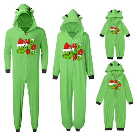 

Christmas Grinch Pajamas Family Christmas Onesies Pajamas Sets Elk Antler Hooded Christmas Grinch Printed Romper PJ s Zipper Jumpsuit HomeWear Christmas Pajamas Baby 6 Months