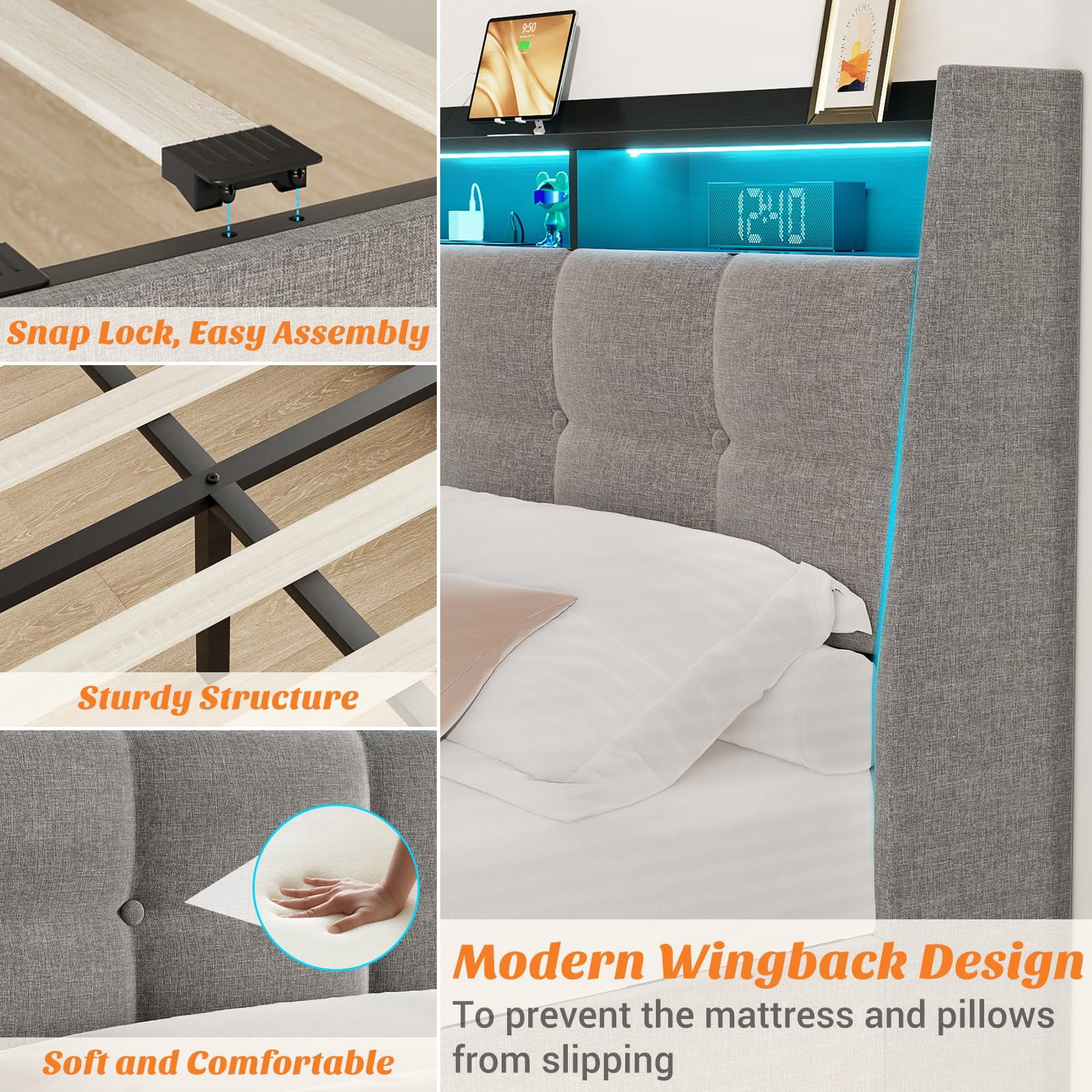 Aheaplus Full Size Bed Frame with Drawers Charging Station LED Light, Upholstered Full Bed Frame with Storage Headboard, Heavy Duty Wood Slats, No Box Spring Needed, Noise Free, Gray