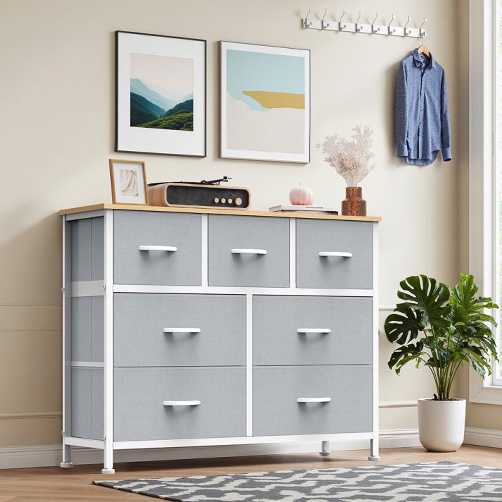 Nextay 7-Drawer Fabric Dresser TV Stand for 45" TV, Storage Dresser Closet with Steel Frame & Wooden Top for Living Room, Dressing Room, Entryway, Light Gray
