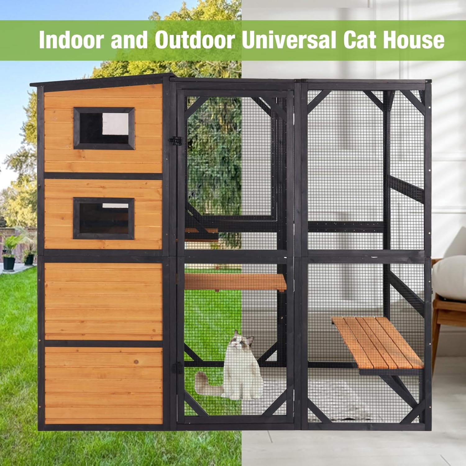 MEDEHOO Large Catio Outdoor Cat Enclosure, 77 Inch Weatherproof Cat House with Connectable Window Box, 4-Tier Wooden Cat Cage with Multi-Level Platforms & Resting Areas (Brown)