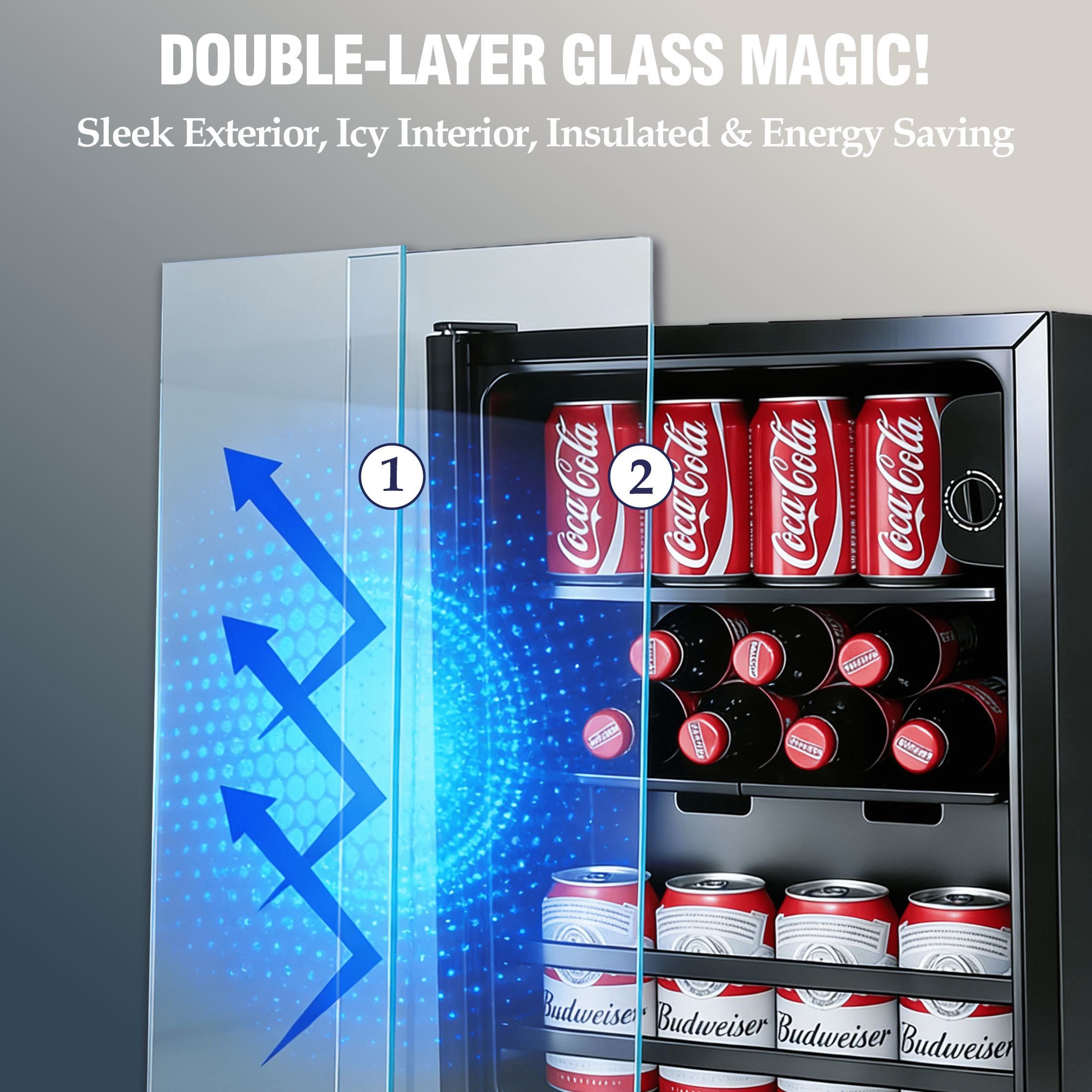 CALLIEVER 1.4 Cu.Ft Beverage Refrigerator, 52 Can Mini Fridge with Double Glass Door, 2 Adjustable Shelves, 38dB Quiet 7-Level Temp Control, Energy Saving 0.4kWh/day for Gaming Room Kitchen Bar Offic