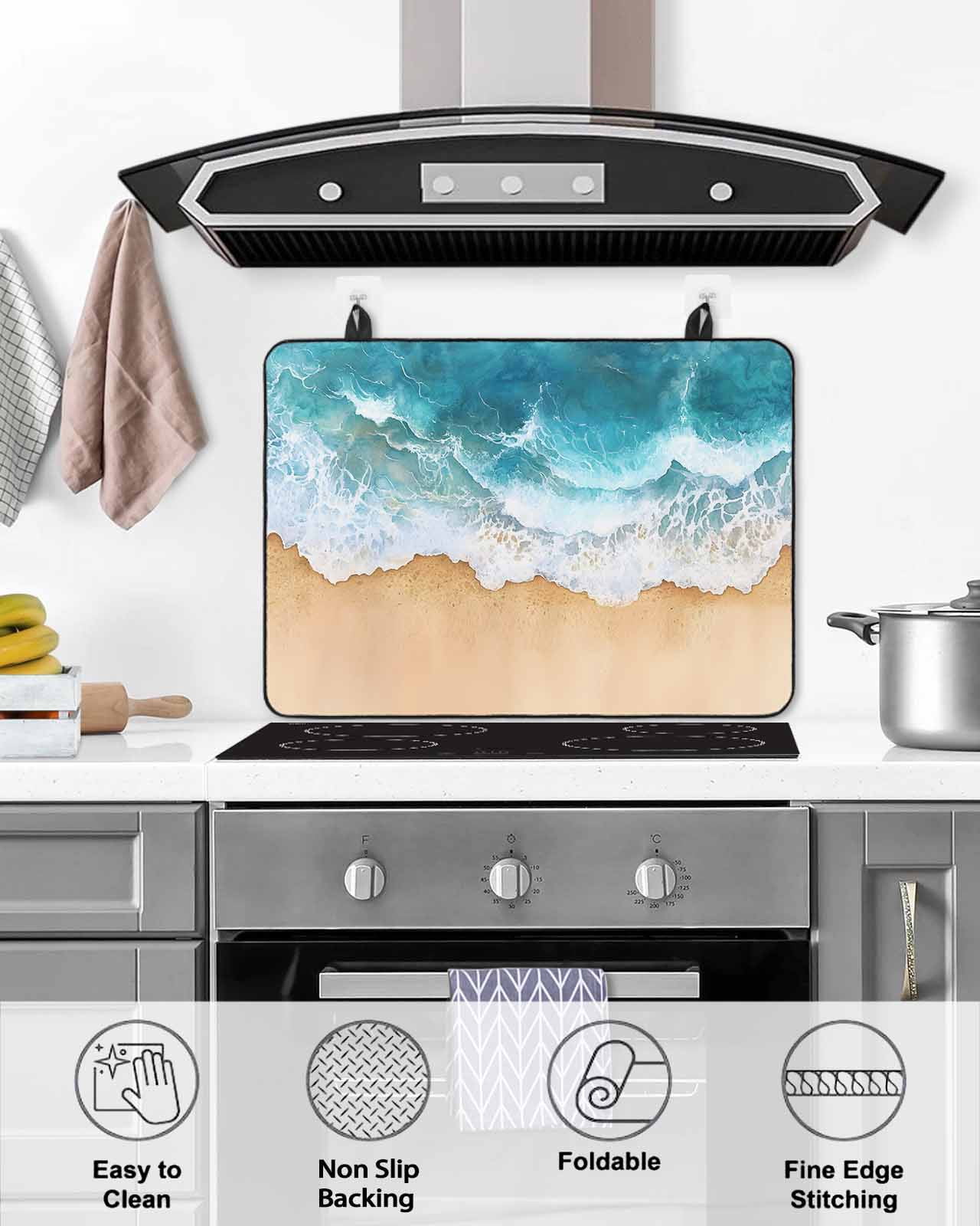 nqOlkjepod Large Induction Cooktop Protector Mat 36"x21", Teal Ocean Waves Stove Top Covers for Electric Stove, Summer Beach Coastal Nautical Stove Burner Cover Mats, Glass Top Stove Cover