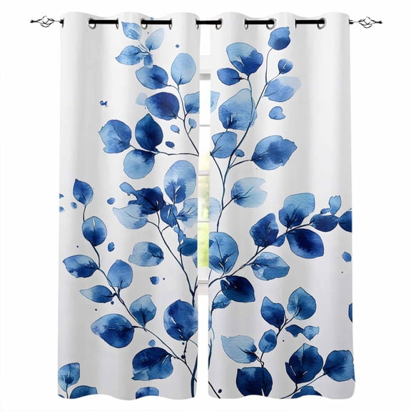 Watercolor Floral Kitchen Curtains Blue Verdant Flower Patterns Cafe Short Curtains for Bathroom Blackout Window Curtain Grommet Small Window Treatment Tier Drapes for Bedroom Living Room 42"x45"x2