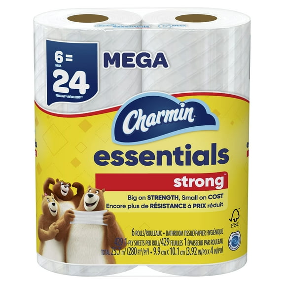 Charmin Essentials Strong Toilet MMF7 Paper 6 Mega Rolls, 429 sheets per roll