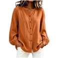 thumbnail image 2 of ClodeEU Women's Linen Blend Crewneck Long Sleeve Button Down Shirt with Cinched Cuffs ,Casual Loose Fit Blouse Orange,Women's Plus XL, 2 of 7
