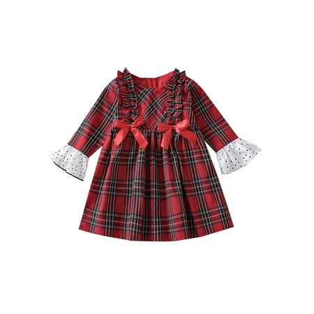 

Baby Girls Christmas Outfit Plaid & Dot Print Long Sleeve Round Neck Ruffle Pullover/Dress with Bowknot Shorts Hat