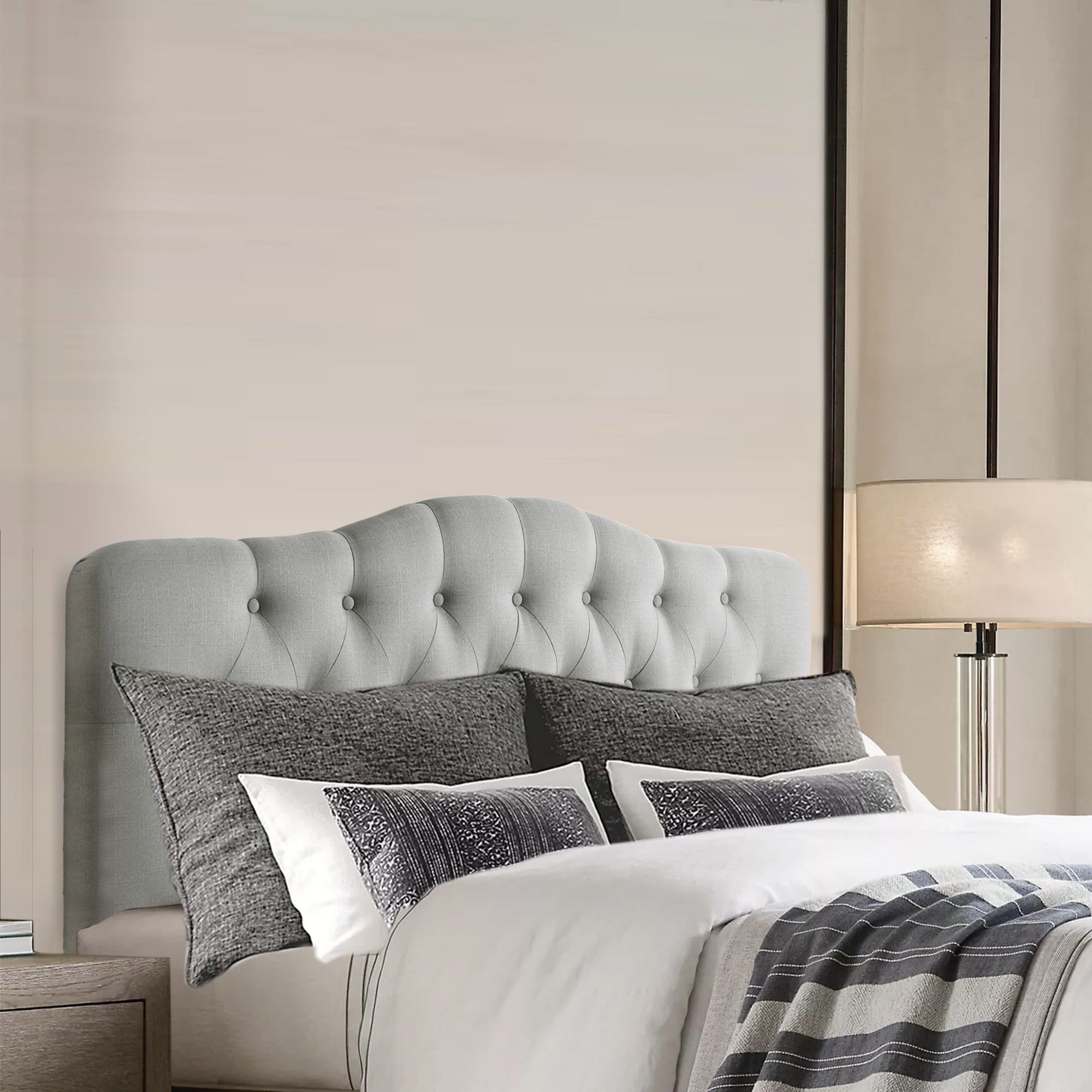 Gewnee Gray Queen Platform Bed,Linen Fabric Padded Headboard,Solid Wood Slat Support & Sturdy Construction,Ideal for Bedroom,Box Spring Required
